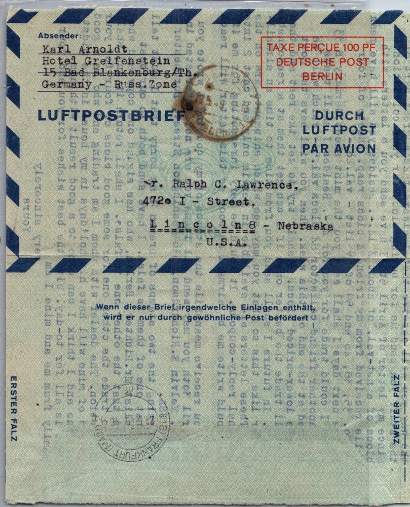GERMANY 1946 BERLIN POSTAL HISTORY AEROGRAMME 100PF ADDR USA POSTMARK FRANKFURT