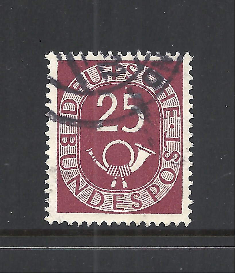 GERMANY SCOTT 678 USED VF – 1951 25pf DK ROSE LAKE ISSUE – NUMERAL & POST HORN