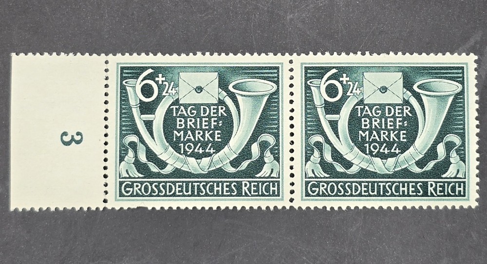 Germany 1944 Tag der Briefmarke Stamp Day MNH Pair Left Sheet Margin Num 3 Mi…
