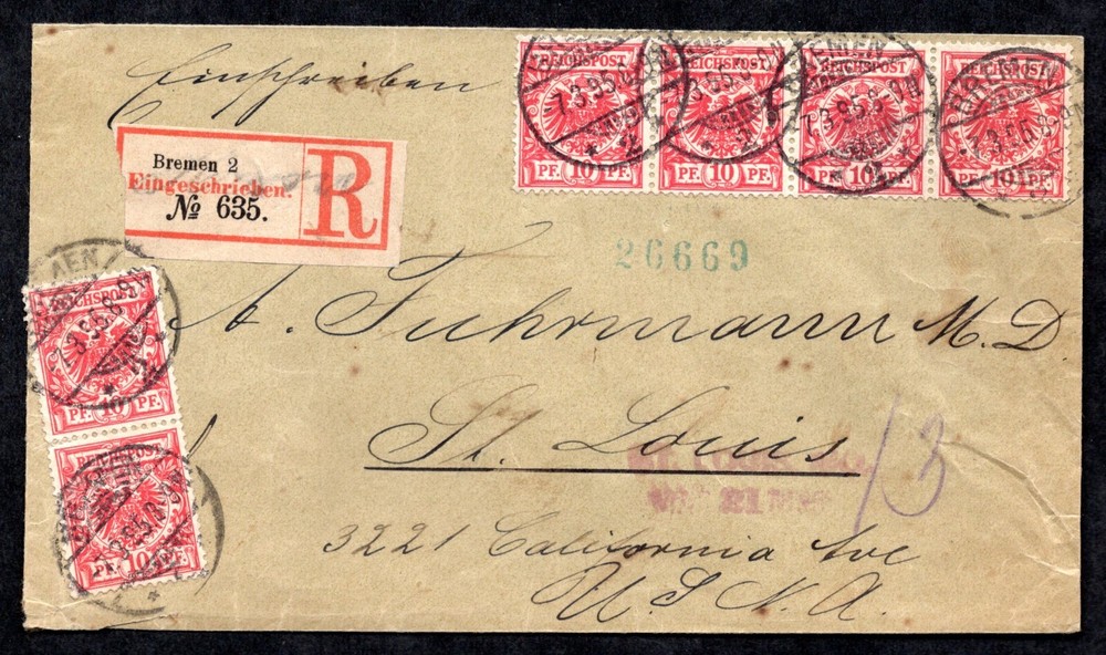 GERMANY TO US 1895 REGISTERED BREMEN TYING SC. #48 (X6) TO ST. LOUIS, MO.