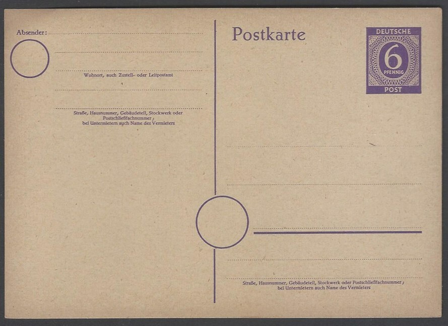 AOP Germany 1946 Numerals 6pf dark grey violet postal card unused. Michel P51b