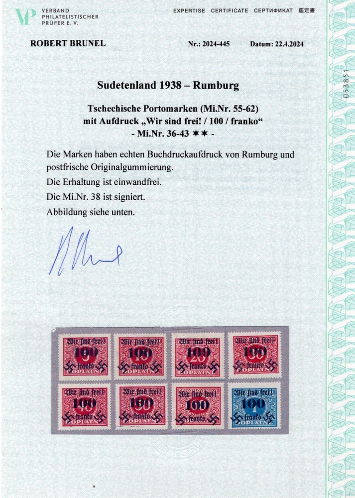 GERMANY OCC SUDETENLAND RUMBURG OVERPRINT MICHEL 36-43 PERFECT MNH BRUNEL CERT