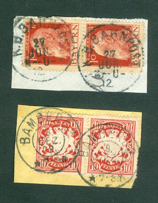 Bayern. Germany +_ 1910. 2 x Pair On Paper 10 Pf. Bamberg + K.B. Bahnpost.