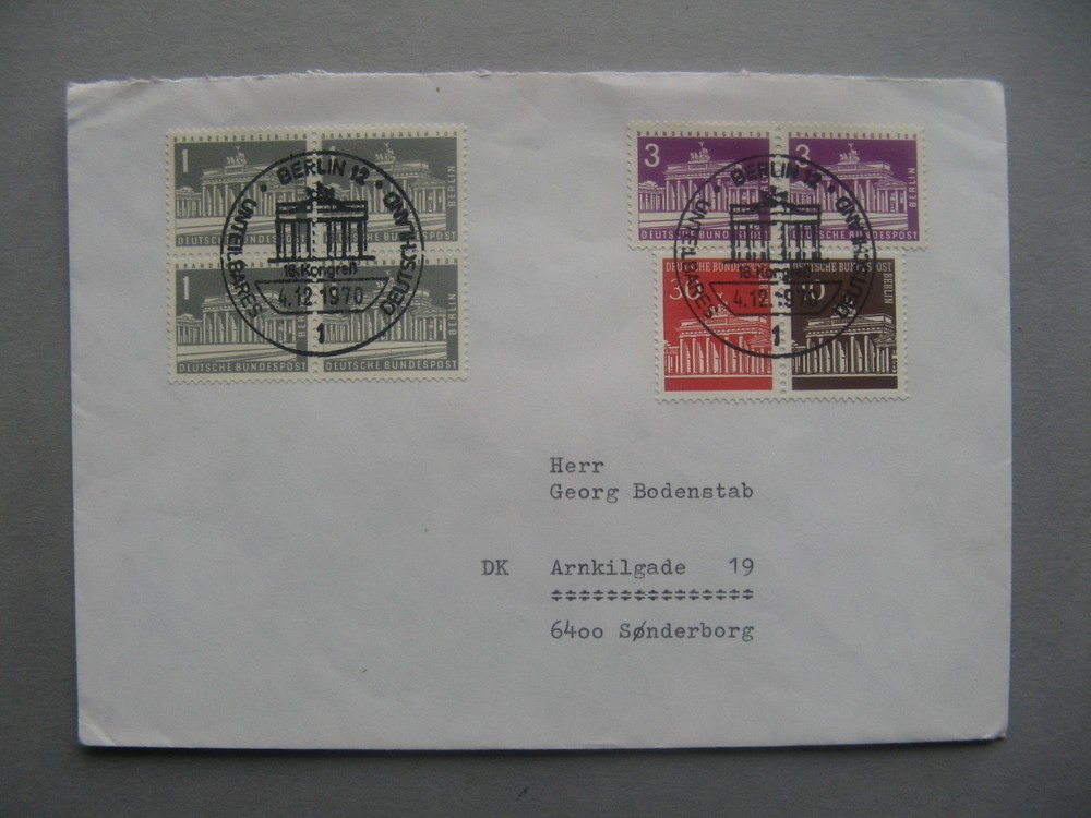 GERMANY BERLIN, cover 1970, several pairs stamps Brandenburg gate,