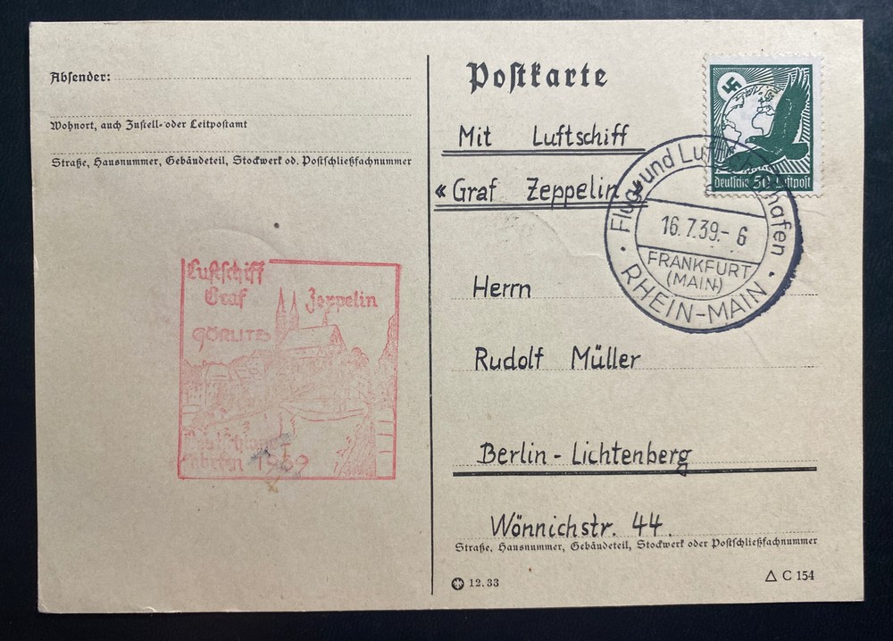 1939 Frankfurt Germany Graf Zeppelin II Airmail Postcard Cover LZ130 To Berlin