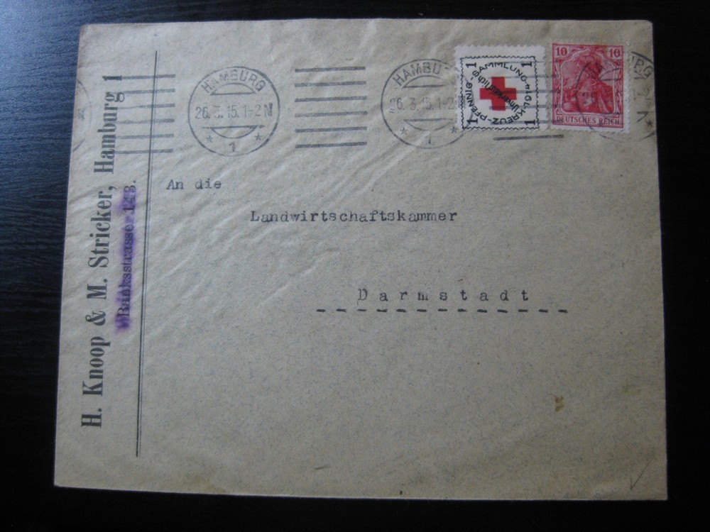 DEUTSCHES REICH 1915 Germania stamp cover w/ Red Cross donation stamp!