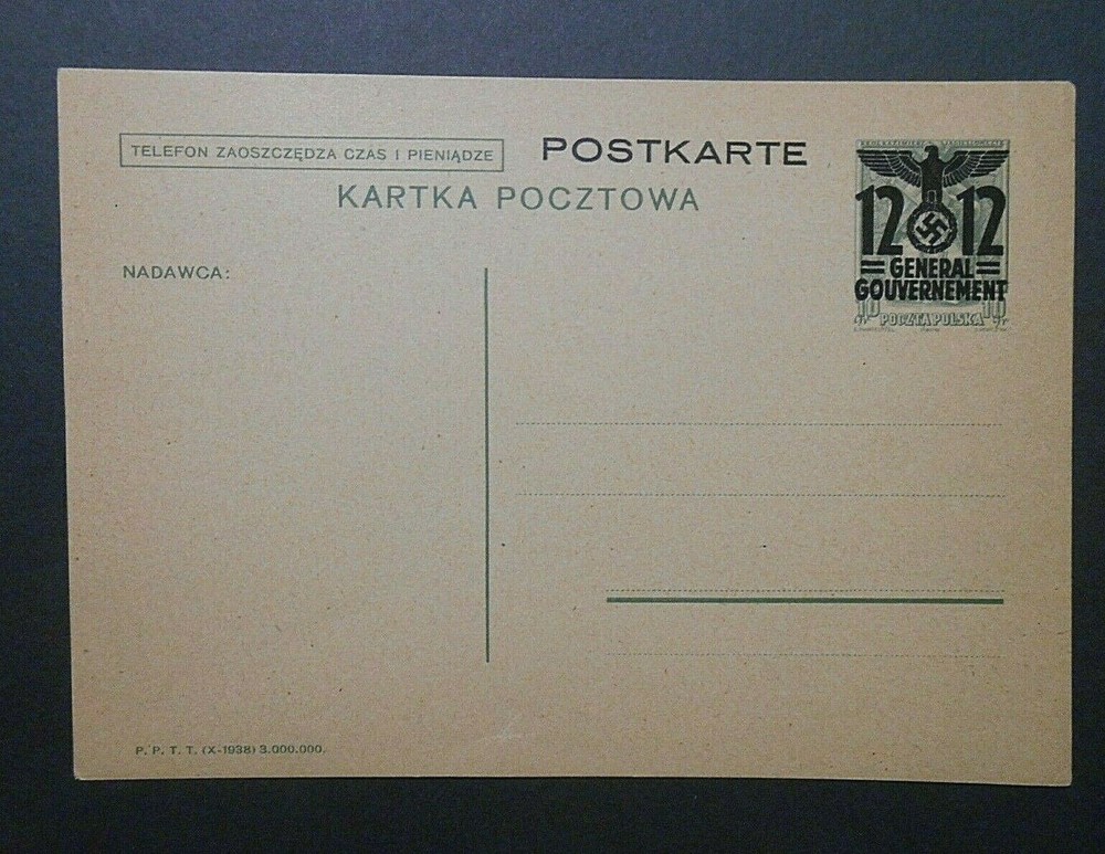GERMANY GERMANY Generalgouvernement REICH 1940 „F.Polonia SVR“ 12gr postcard