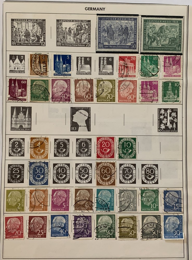 GERMANY FDR STAMP LOT ON THEODOR HEUSS HEADS, POSTHORNS AND MORE ON ALBUM PAGE