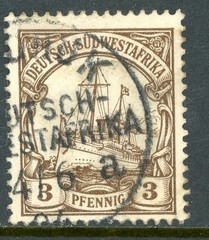 Germany 1901 SWA Southwest Africa 3pf Brown Yacht Scott #13 VFU Y53