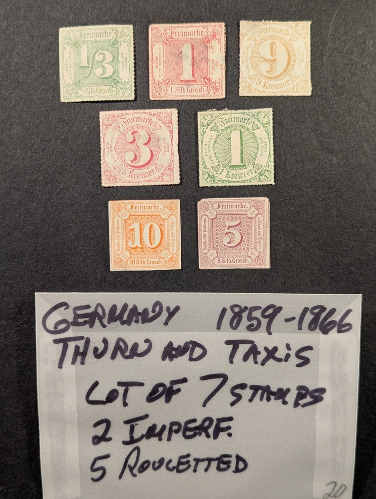 GERMANY 1859-1866 THURN & TAXIS Lot of 7 Stamps – 2 Imperf & 5 Rouletted MH