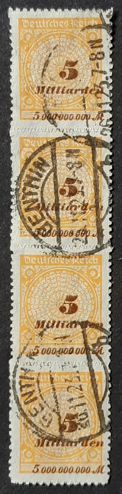 Germany Weimar Republic 1923 SG339 5 milliard, zigzag roulette VGU strip of four
