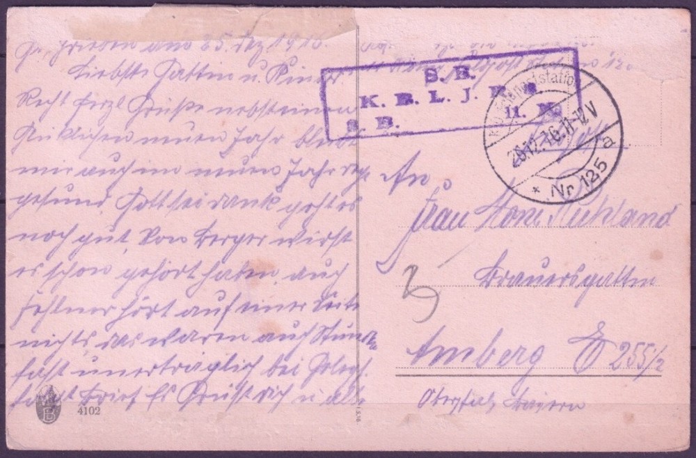 F-EX45916 GERMANY WWI FELDPOST 1916 POSTCARD S.B. K.B.L.J.R.8.