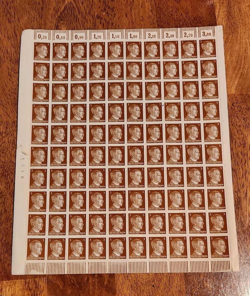 Lot of 1000 WWII Germany Hitler Stamps MNH – 10 Total Sheets 3 Pfennig