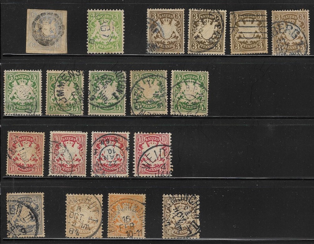 Germany: 1880; Bayern, lot set Arms embossed, good cities cancellations, EBA042