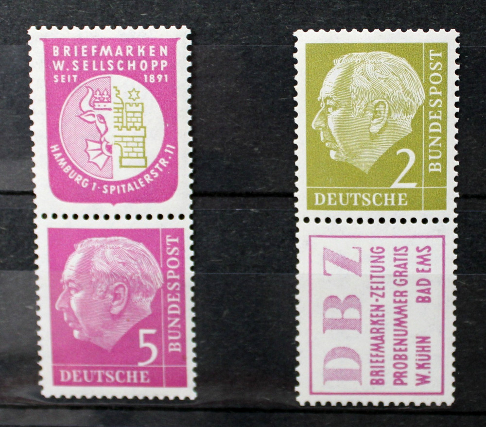 Germany 177 & 179 Heuss MNH Zusammendrucke pairs w Advertising Tabs