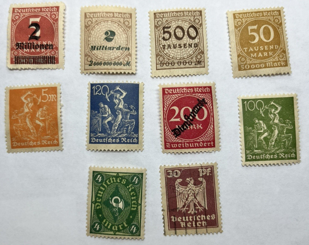 Vintage German Inflation Stamps – Hyperinflation Era 1922–23 – Lot of 10
