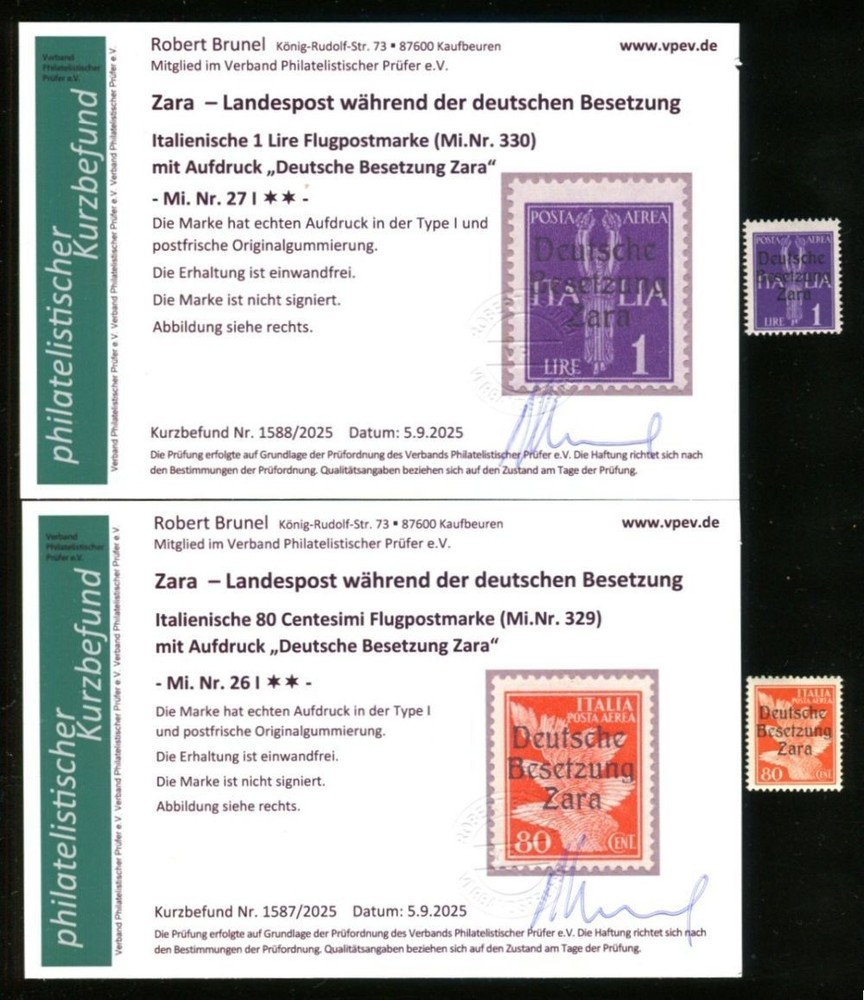 OCCUPATION WW II ZARA 1943 26-27 ** MNH FLAWLESS Opinion BRUNEL VP(G2762