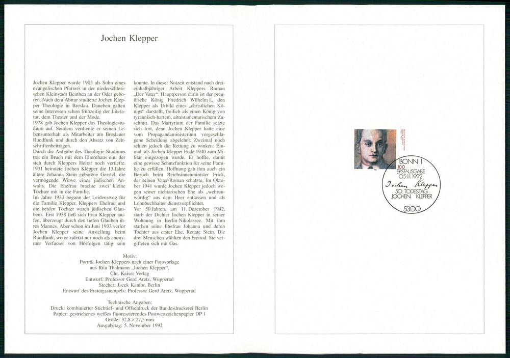 GERMANY FOLDER 1992/47 JOCHEN KLEPPER SCHRIFTSTELLER LITERATUR
