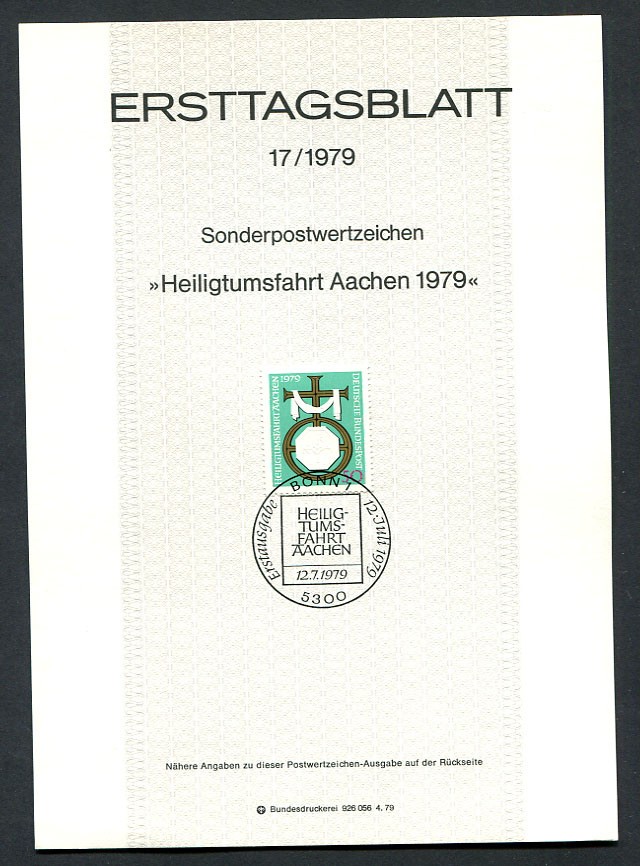 Germany – BRD : Scott # 1297 First Day Sheetlet (ETB) from 1979 Michel # 17/1979