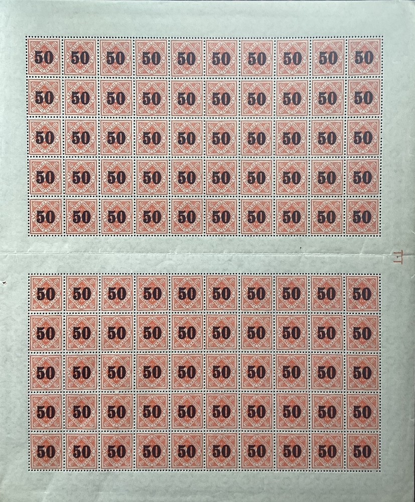 Germany Inflation Overprint Sheet “50” Full Sheet MNH 1923 Emergency Issue