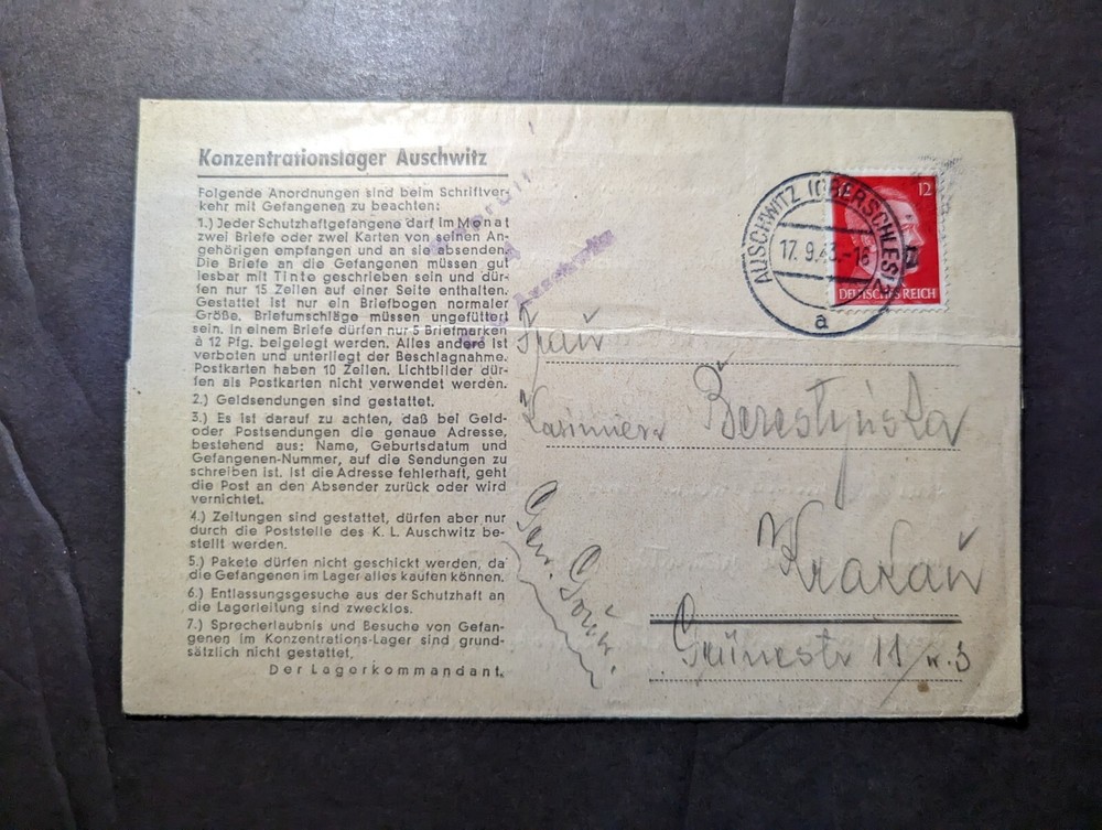 1943 Germany Concentration Camp Folded Letter Cover Auschwitz to Krakau Poland