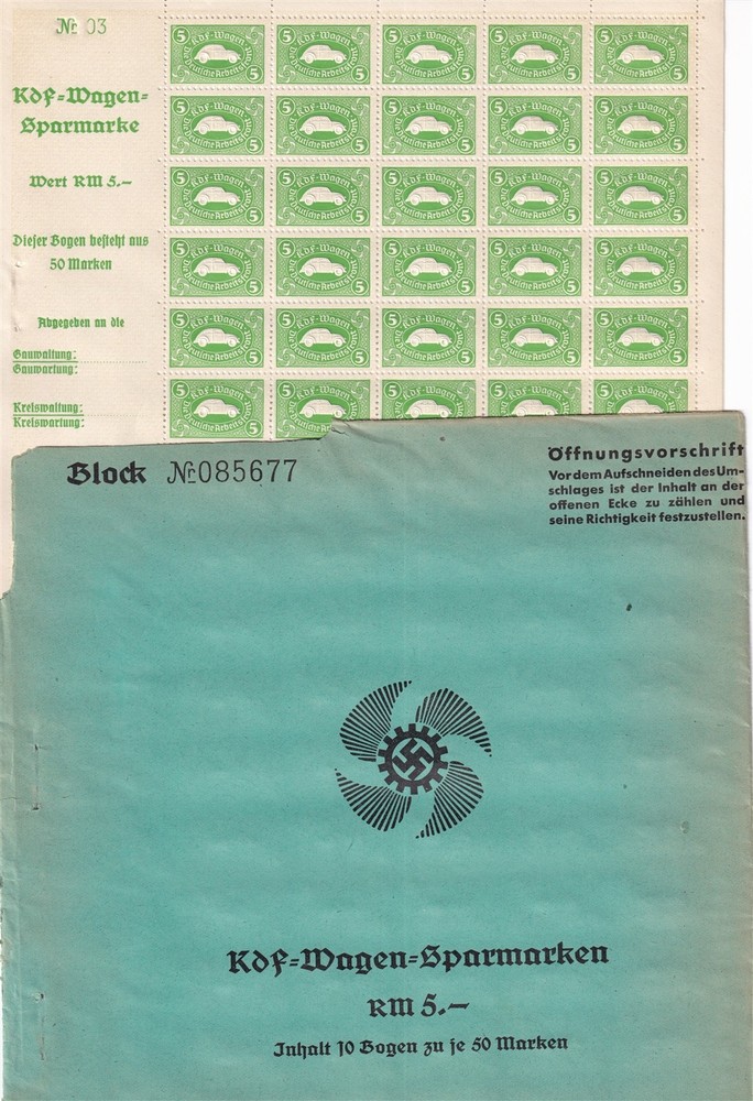 Stamp Germany Revenue KDF – PAD of 10 Full Sheets WWII 3rd Reich Volkswagen MNH