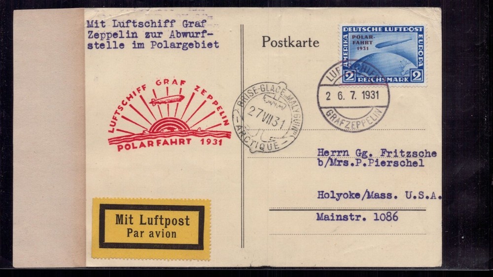 Zeppelin document Polar trip 1931 single franking Michel no. 457 A. Holyoke USA