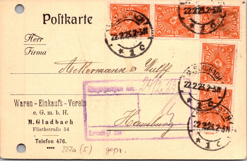 GERMANY 1923 POSTAL INFLATION POSTCARD MULT FRANKING ADDR HAMBURG CANC GLADBACH