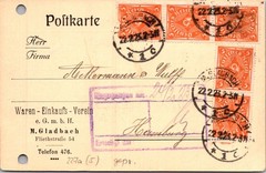 GERMANY 1923 POSTAL INFLATION POSTCARD MULT FRANKING ADDR HAMBURG CANC GLADBACH