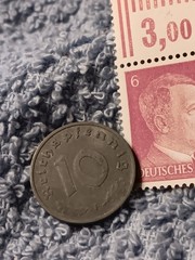 1940 German 10 Pfenning ~ km#101 , WW2 Germany ~ + 6pf. Stamp, Has Flaws