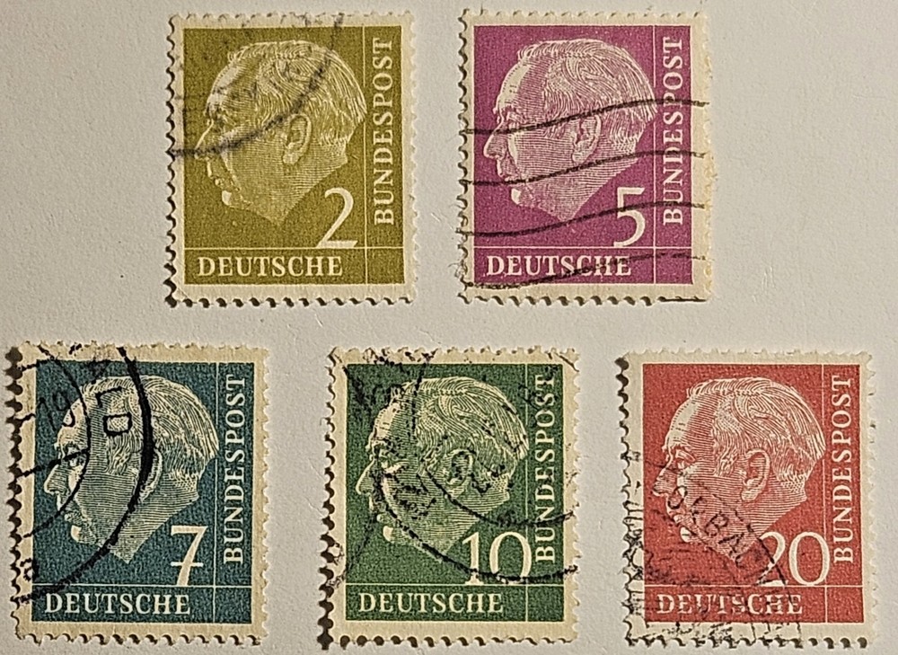 Germany 1954, President Theodor Heuss, 5 Used Values, #702-710 FAST SHIPPING!