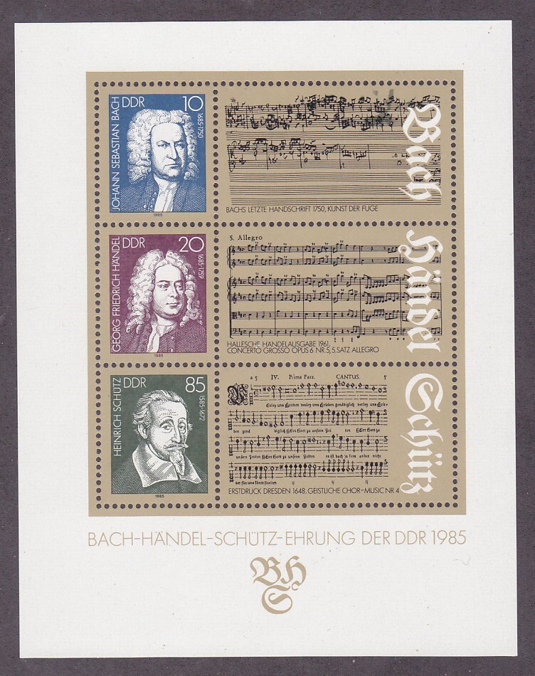 Germany DDR 2463 MNH 1985 Bach Handel Heinrich Schutz Tribute Mini Sheet of 3
