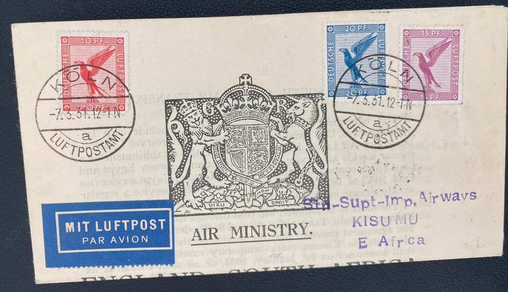 1931 Koln Germany Air Ministry Letter Sheet Airmail Cover To Kisumu Kenya