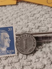 1942 German penny ~ 1 Pfenning ~ km#97 , WW2 Germany ~ + blue Stamp
