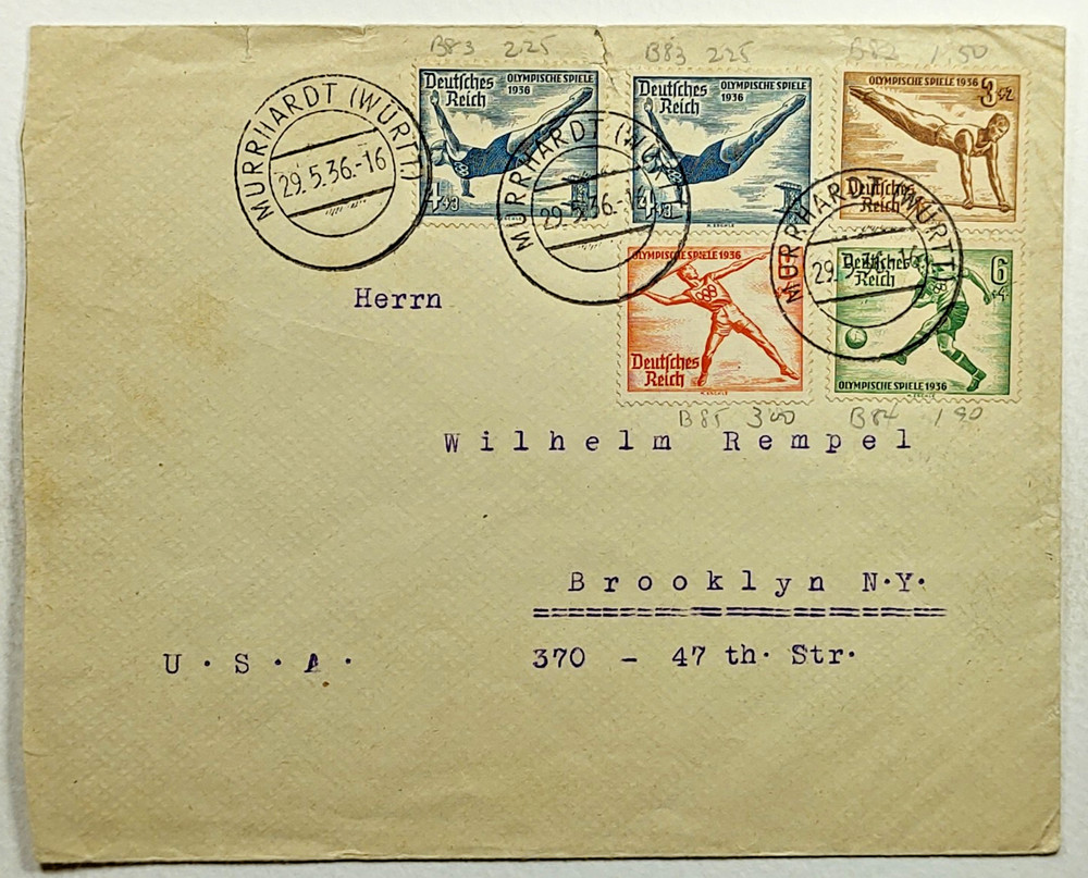 1936 Germany Olympic Games Stamps on Postal History Cover to Brooklyn New York