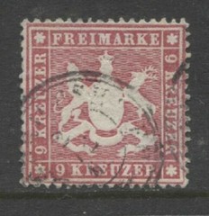 Germany States 1860 WURTTEMBERG 9 Kreuzer Cote of Arms used, $ 180.00