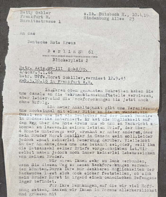 RARE WWII German Red Cross document KC Holder Luftwaffe HORST SCHILLER MIA KIA