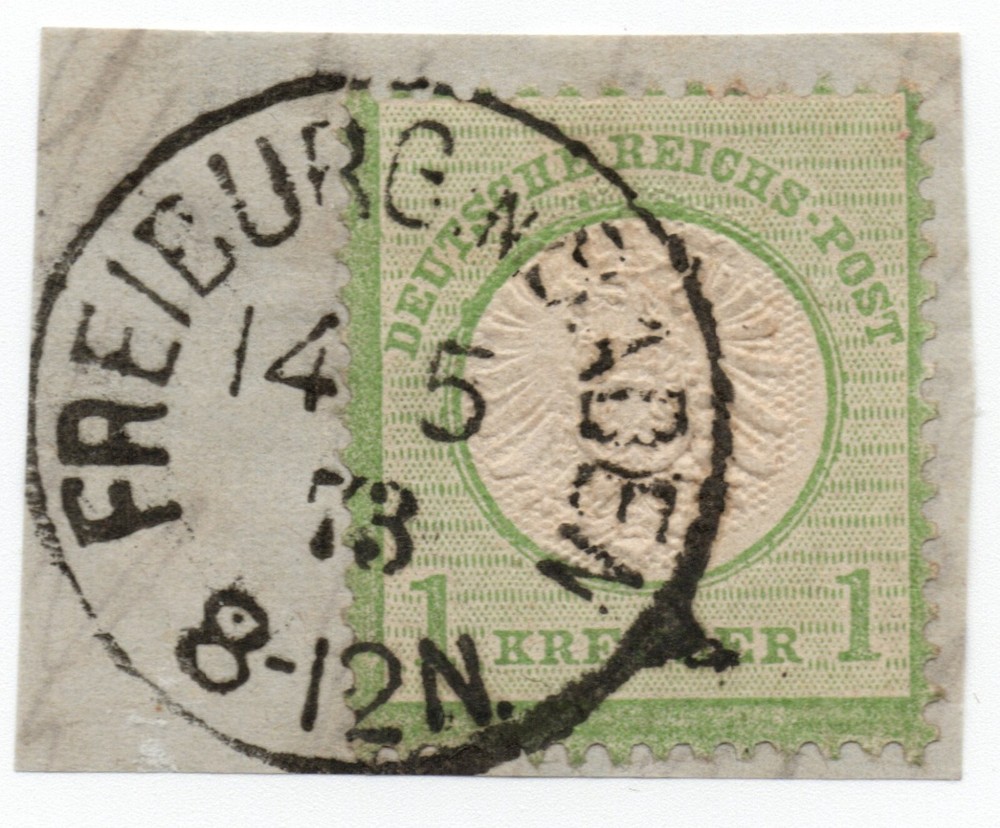 GERMANY 1872 Large Shield 1kr Green Used on piece – Used Freiburg (1873)