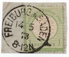 GERMANY 1872 Large Shield 1kr Green Used on piece – Used Freiburg (1873)