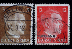 Deutsches Reich 1940s, 2 stamps, one overprint Ostland, Adolf Hitler, 3Pf, used
