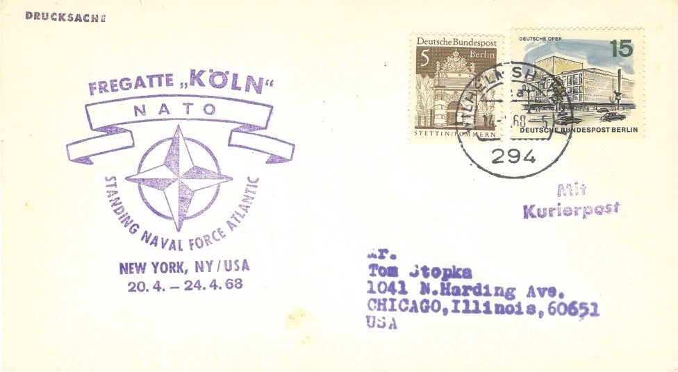 1968 Fregatte Köln NATO STANAVFORLANT Kurierpost Berlin Naval Cover NY Visit