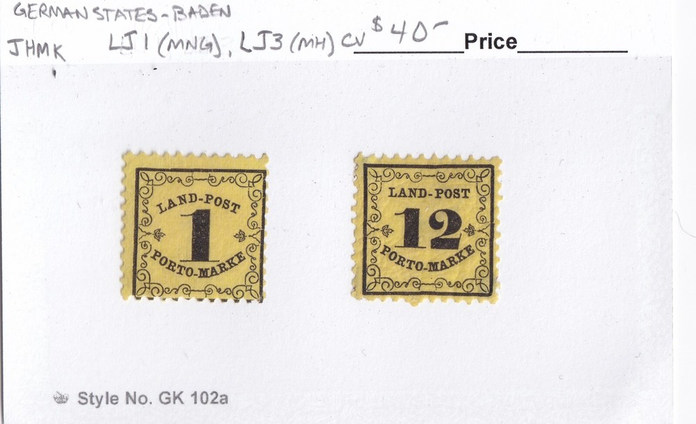 MATT’S STAMPS GERMAN STATES – BADEN, #LJ1 & LJ3 POSTAGE DUE STAMPS, MH/MNG CV$40