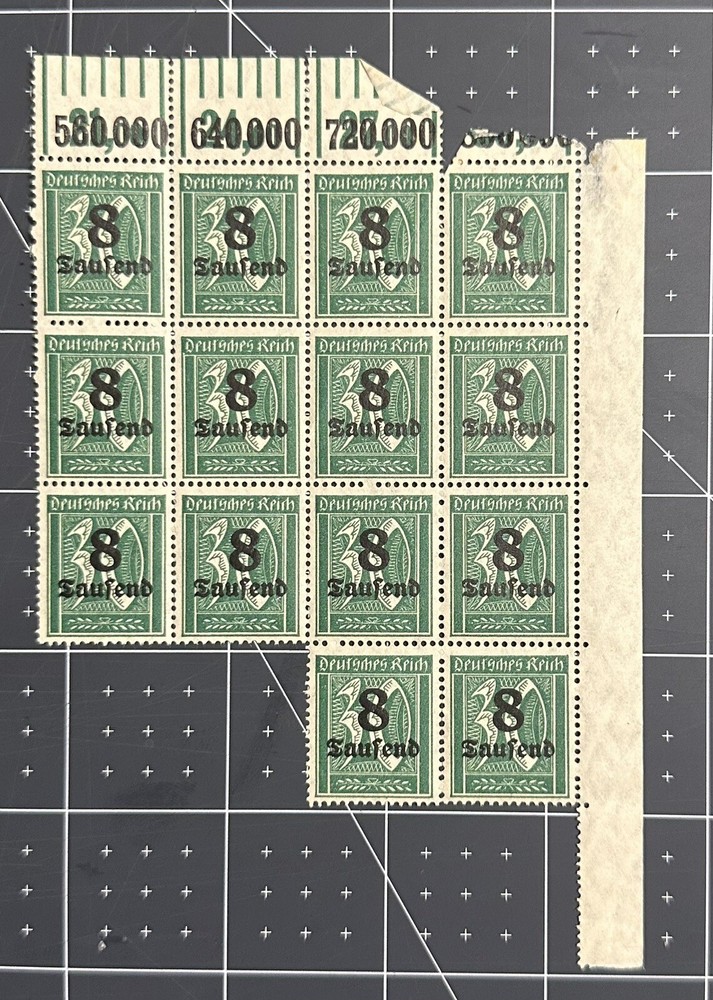 STAMP 1923 GERMANY DEUTSCHES REICH 8 SAUFEND OVER 30 GREEN 8/30 Block Of 14 MNH