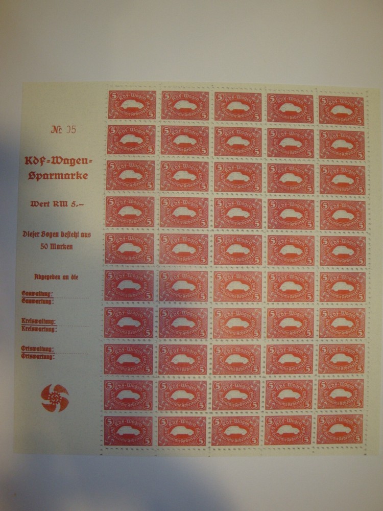 Stamp Germany WW2 Sheet Forgery / Replica Reich KdF Volkswagen – Nazi Swastika