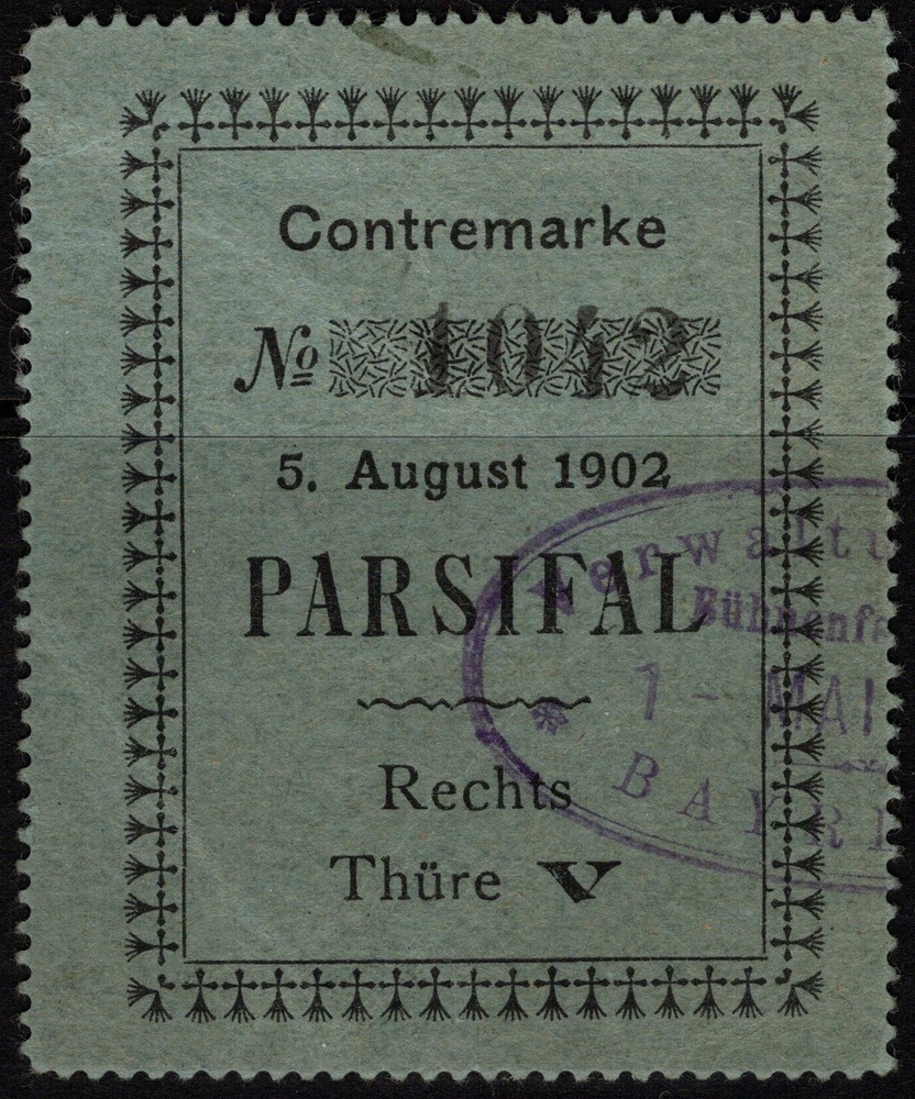 Germany 1902 Wagner Parsifal Opera Ticket Stamp / Minor Crease – S47136