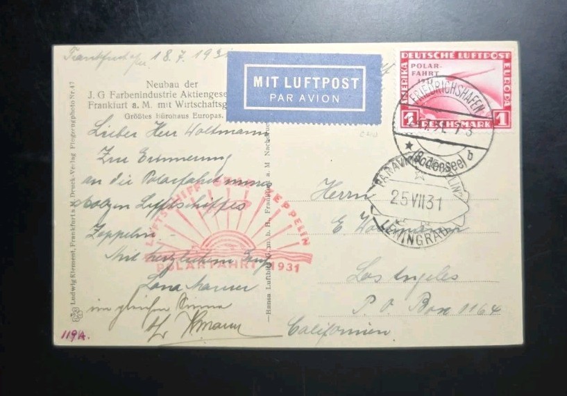 1931 LZ-127 Graf Zeppelin Polar Flight Germany Stamp #C40 1R Polarfahrt Postcard