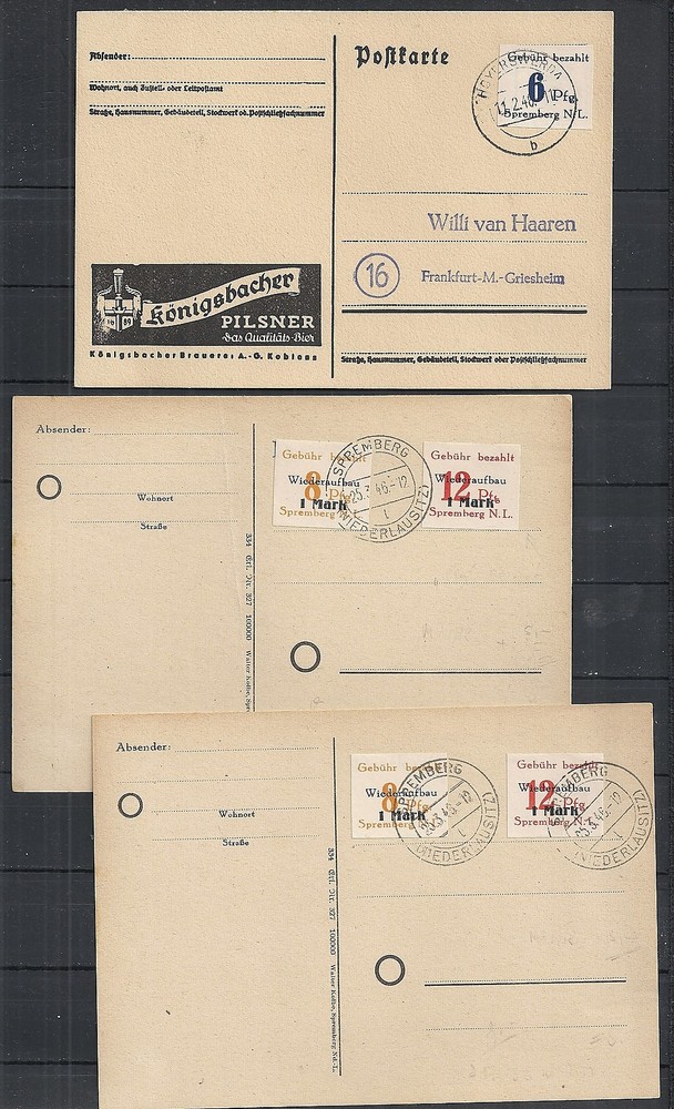 Spremberg 1946 3 franked PC not sent