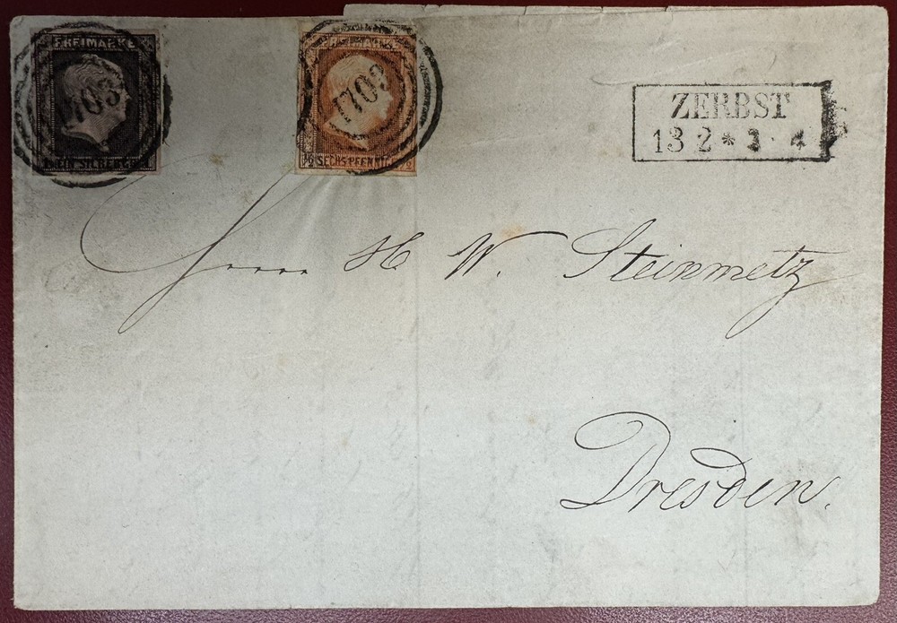 Prussia, Scott #2 and 3 Used on 1857 Cover to Dresden