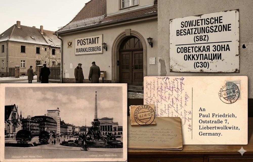 MARKKLEEBERG 1948 Postcard SBZ Allied Numeral Cancel Leipzig Karl Marx Platz