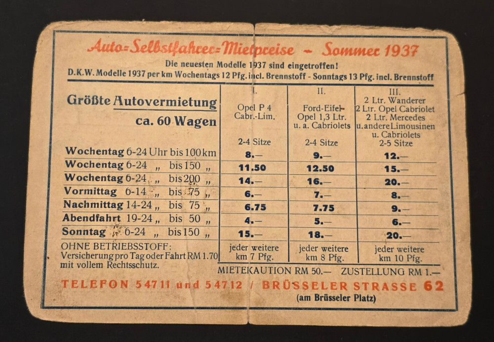 1937 THIRD REICH DKW FORD OPEL Car Auto Rental card Postcard WW2 WWII German